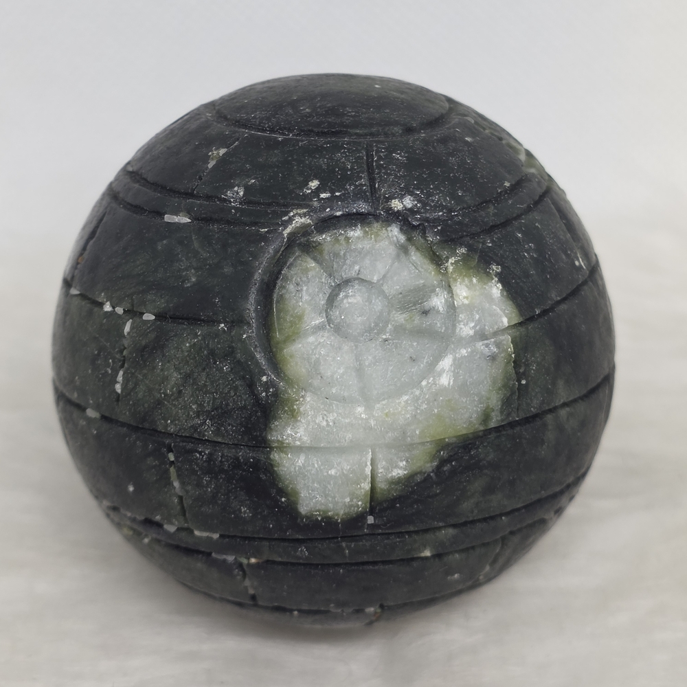 Serpentine “Death Star” Crystal Sphere Carving | Dark Green Stone Orb | Unique